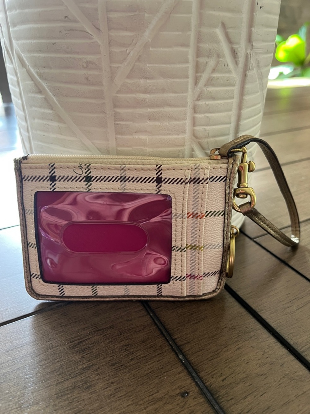 Coach Peyton Tattersall plaid wristlet 
$20